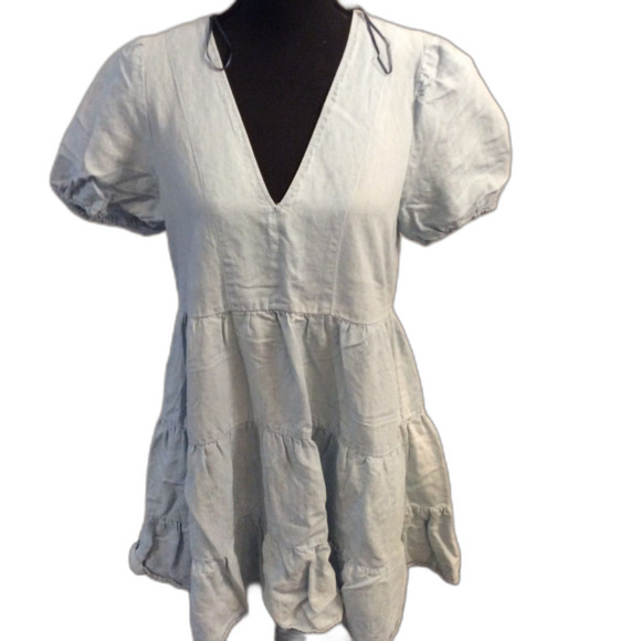 ZARA Light Denim Blue V Neck Layered Dress Small S Linen Blend Babydoll - Picture 1 of 5